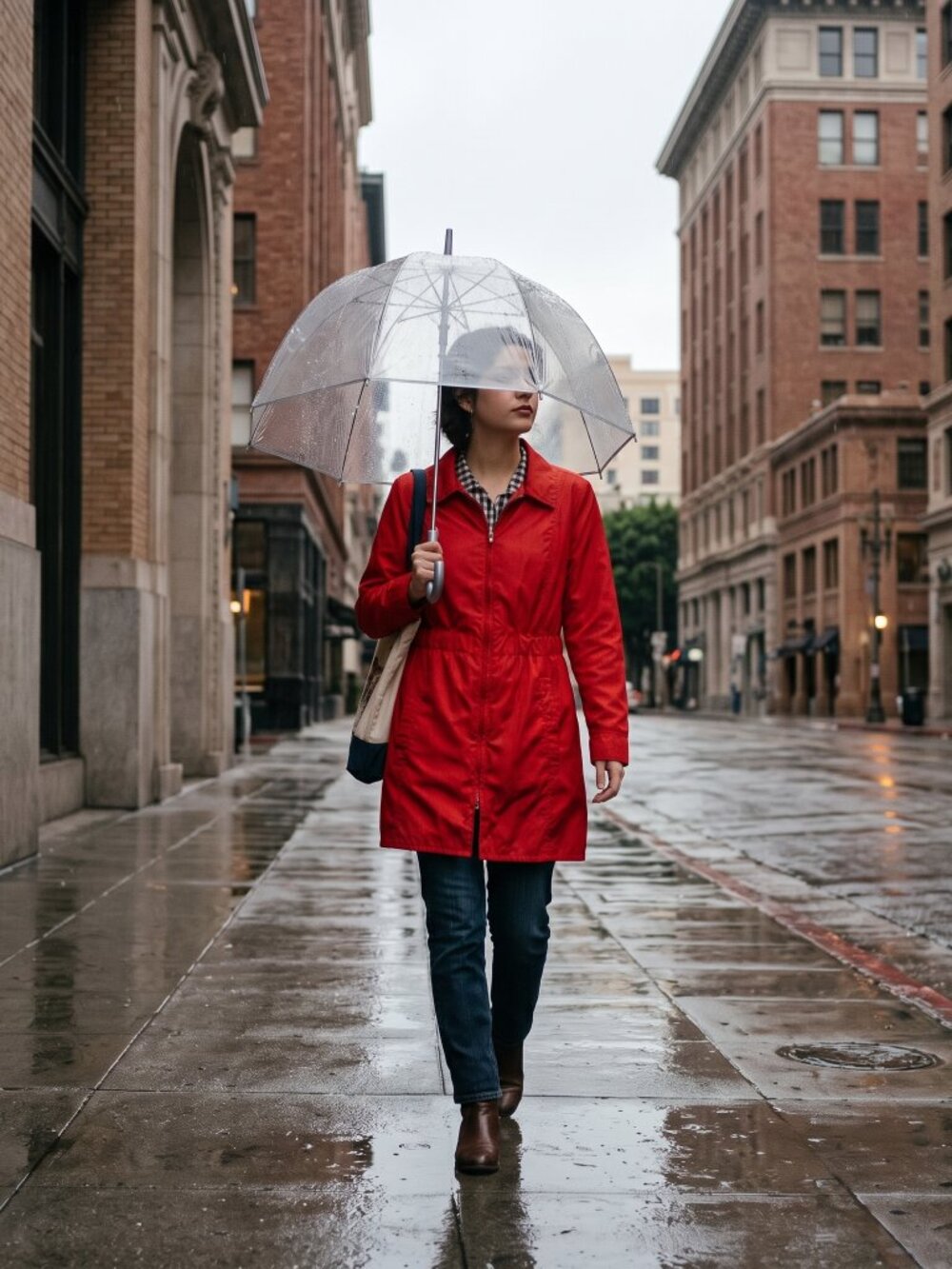 Unworn Vibrant Red Peplum Raincoat with Contrast Gingham Lining